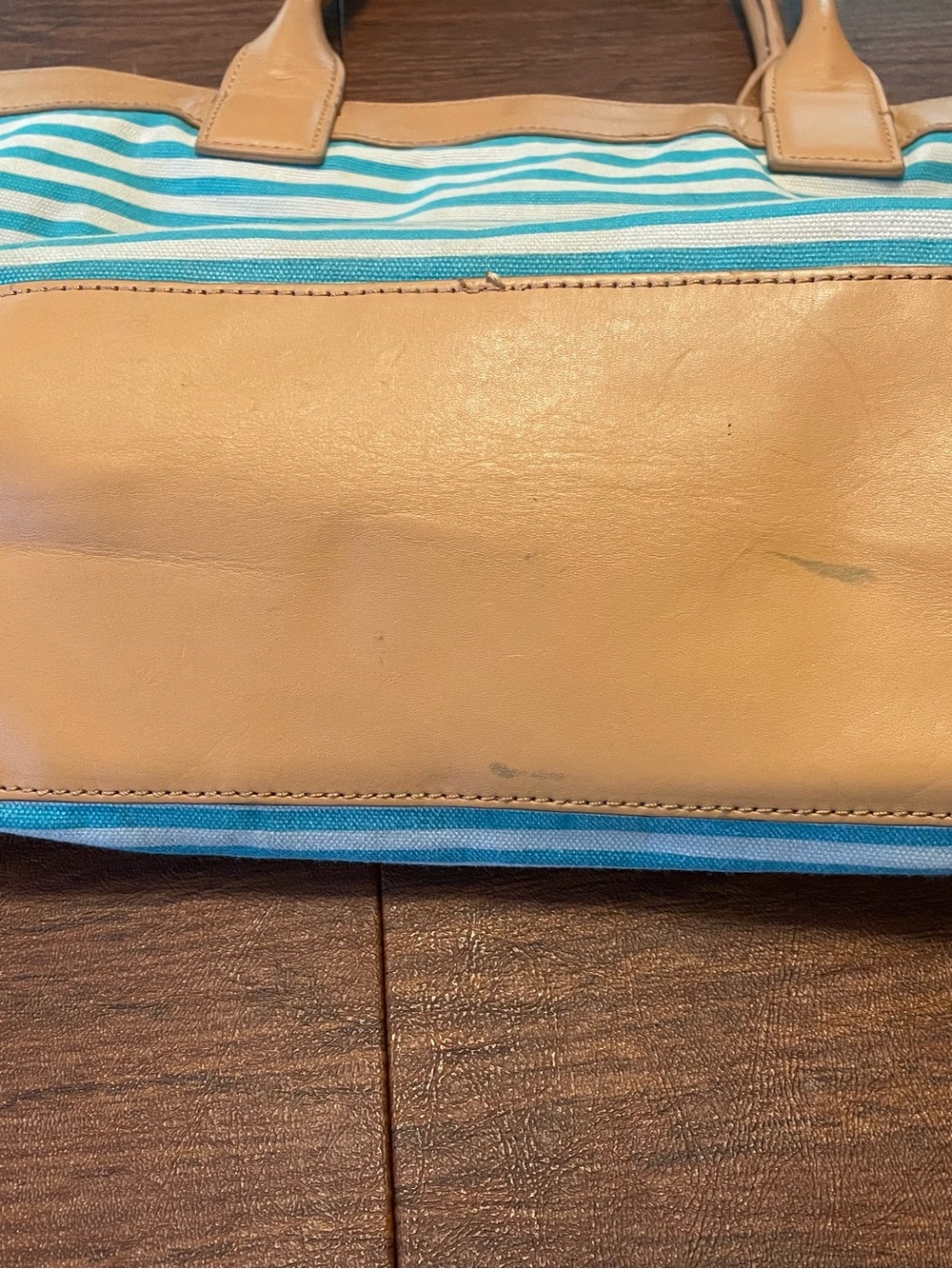 Tory Burch Turquoise and White Striped Canvas Tote with Tan Leather Trim - Picture 12 of 12